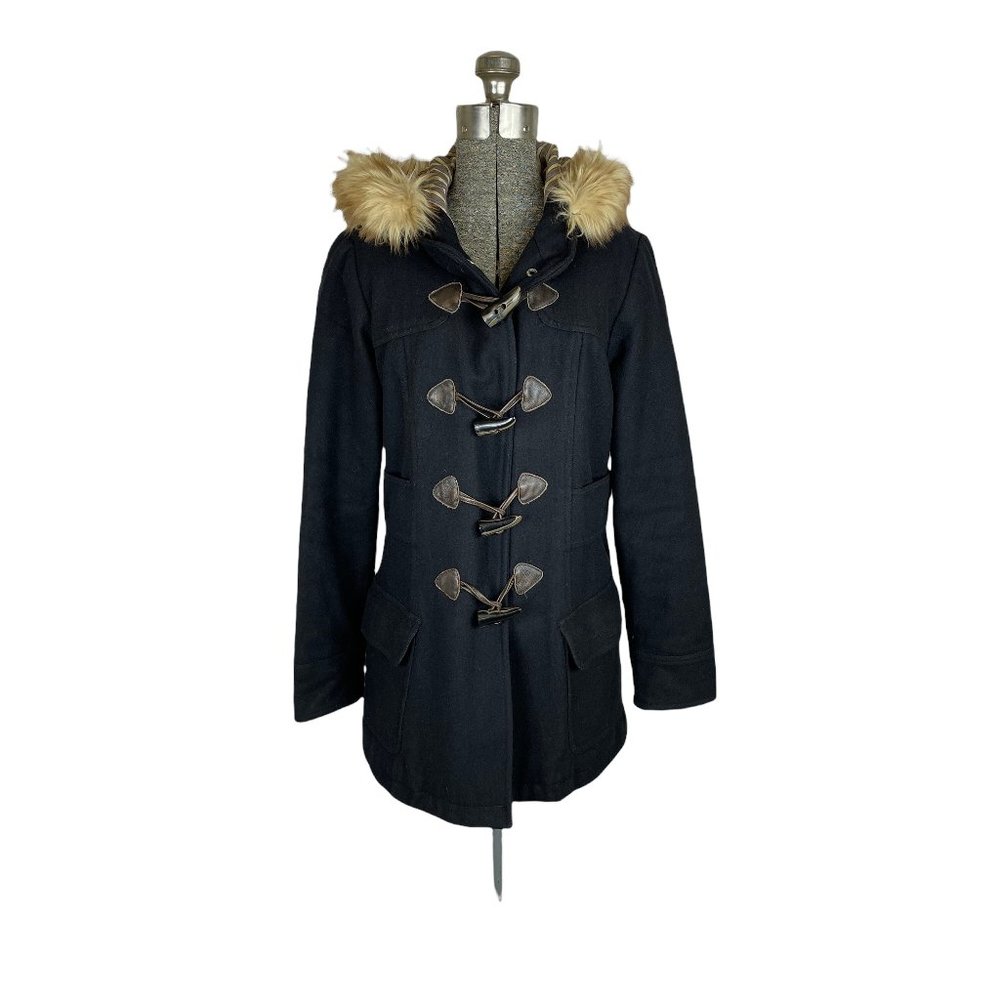 Black wool pea coat with hood and wood buttons Size S/M